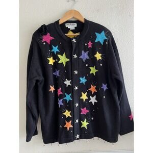 Jack B. Quick Vintage Black Sweater 1X Embroidered Beaded Star Buttons Celestial